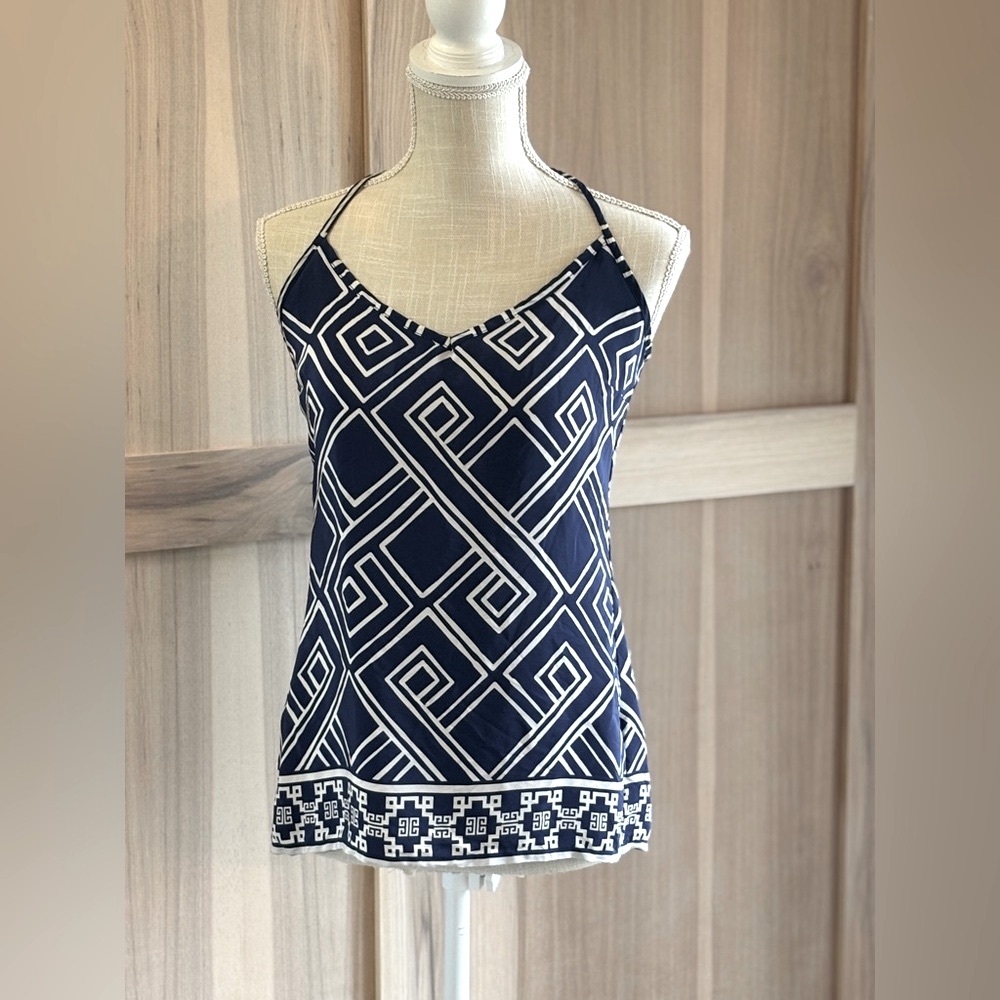 Britt Ryan 100% Silk Navy Tank Top. Nautical Geometric | Coastal | Women’s Sz-XS